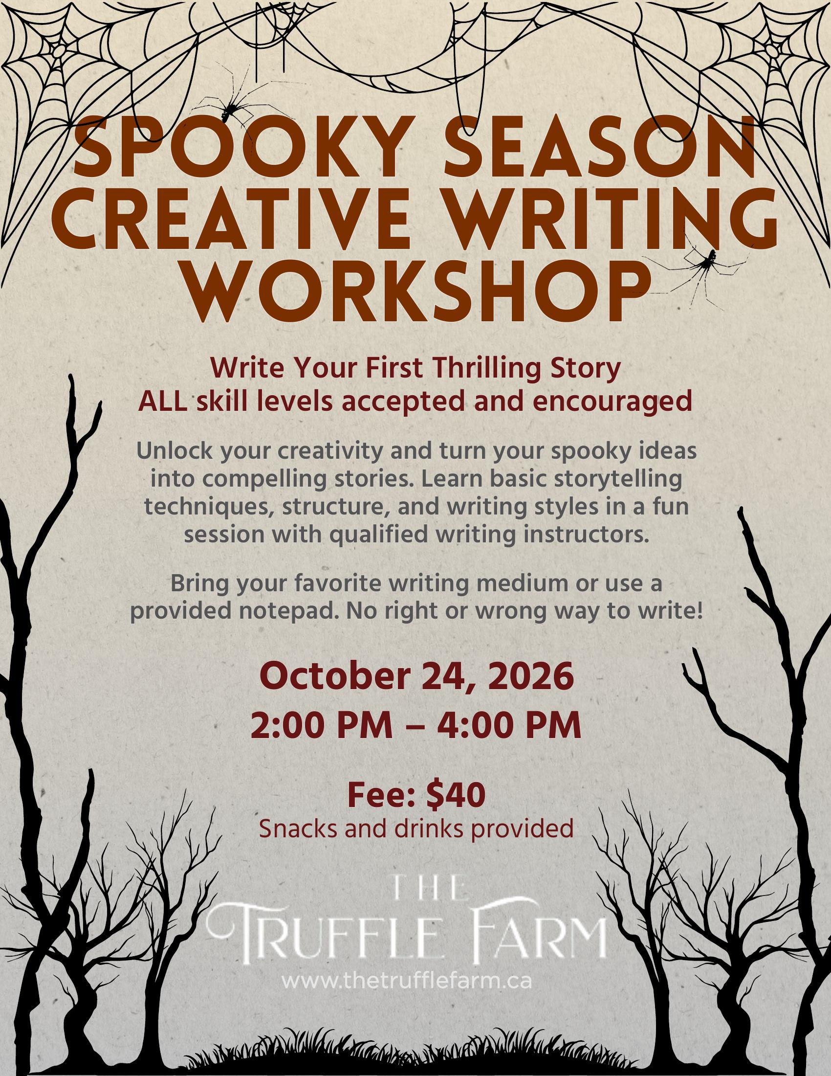 Spooky Season Creative Writing Workshop flyer, October 24, 2026, at The Truffle Farm